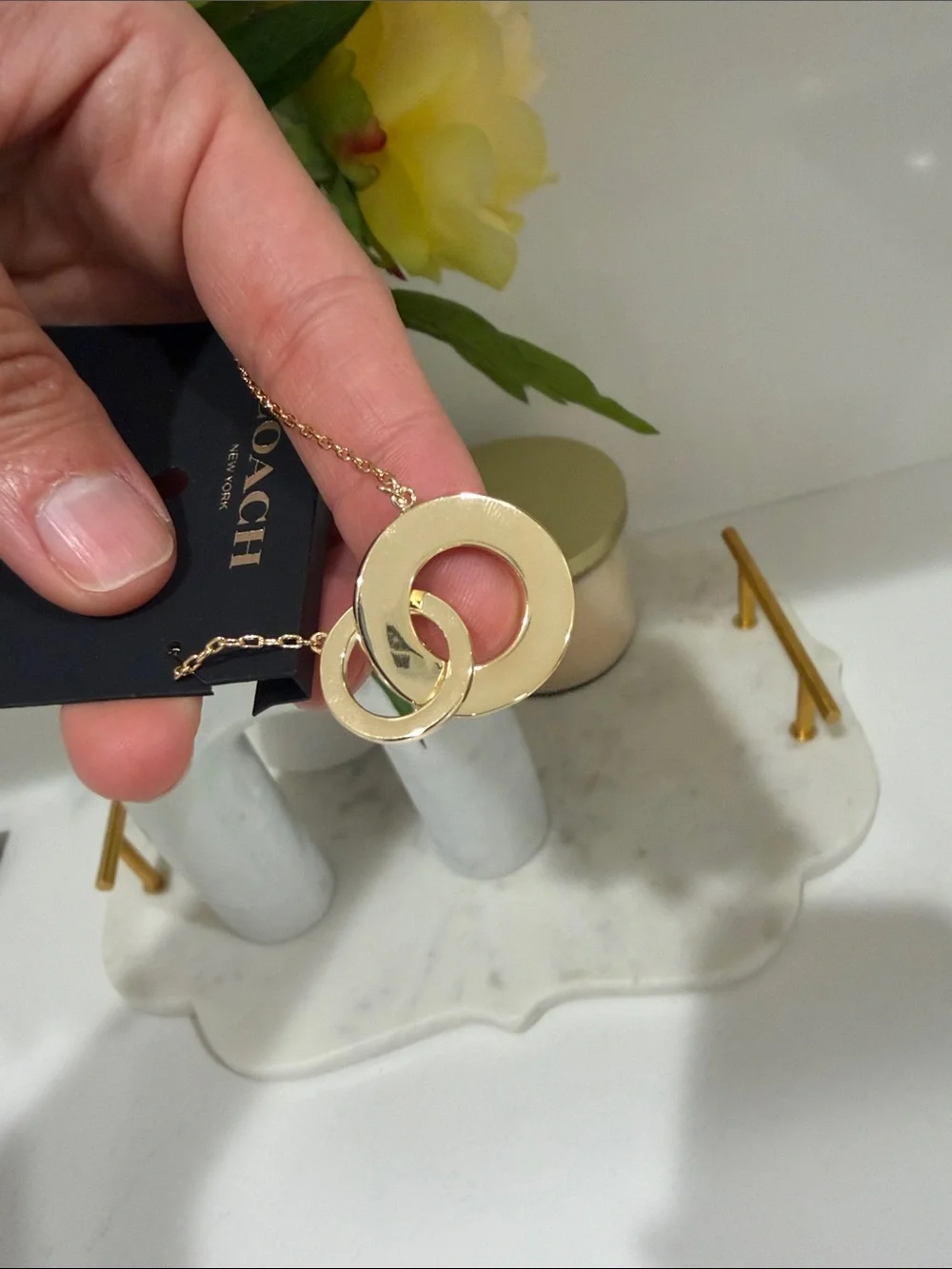 Coach Gold-Tone Necklace with White Enamel Interlocking Circles